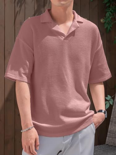 Image of Men's Textured Waffle Knit Polo T-Shirt | Relaxed Fit Half Sleeve Collared Tee | Soft Breathable Casual Summer T-Shirt