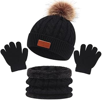 Baynetin Gebreide set, muts, sjaal, winterhandschoenen voor jongens en meisjes, thermische pom-muts, warm, dik, fleece, sjaal, handschoenen, set voor jongens en meisjes van 2-8 jaar, Roze, One size