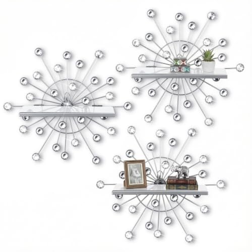 Image of Yaocom 3 Pcs Crystal Floating Shelves, Bling Sparkle Metal Starburst Wall Decor Shelves, Silver Wall Mounted Storage Shelf for Bedroom Bathroom Living Room Kitchen Office