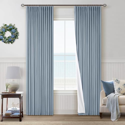 Blue Grey Pinch Pleated Full Blackout Curtains Linen 80 Inch Window Curtain