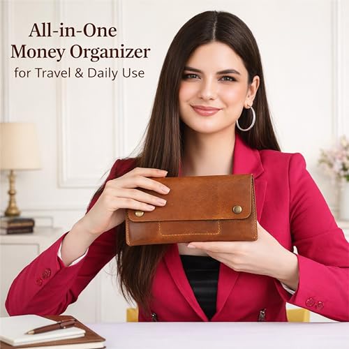 Image of Leather Currency Pouch, Currency Organiser, Dollar Bills Holder, Bills Organizer, Money Envelope with Mobile Pocket, Money Bag For Men & Women (TAN)