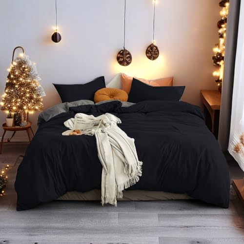 MOHAP Warm Bedding Double Duvet Cover Set Plain Brushed Microfiber Bedding 1 Duvet Cover with 2 Zippers and 2 Pillowcases Black and Grey