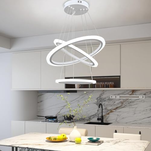 Image of Manraj Modern LED Chandelier, Acrylic 3-Ring Design, Ring Flush Mount Chandelier with Adjustable Hanging Cord Pendant Light Fixture, for Dining Living Room Bedroom (White)