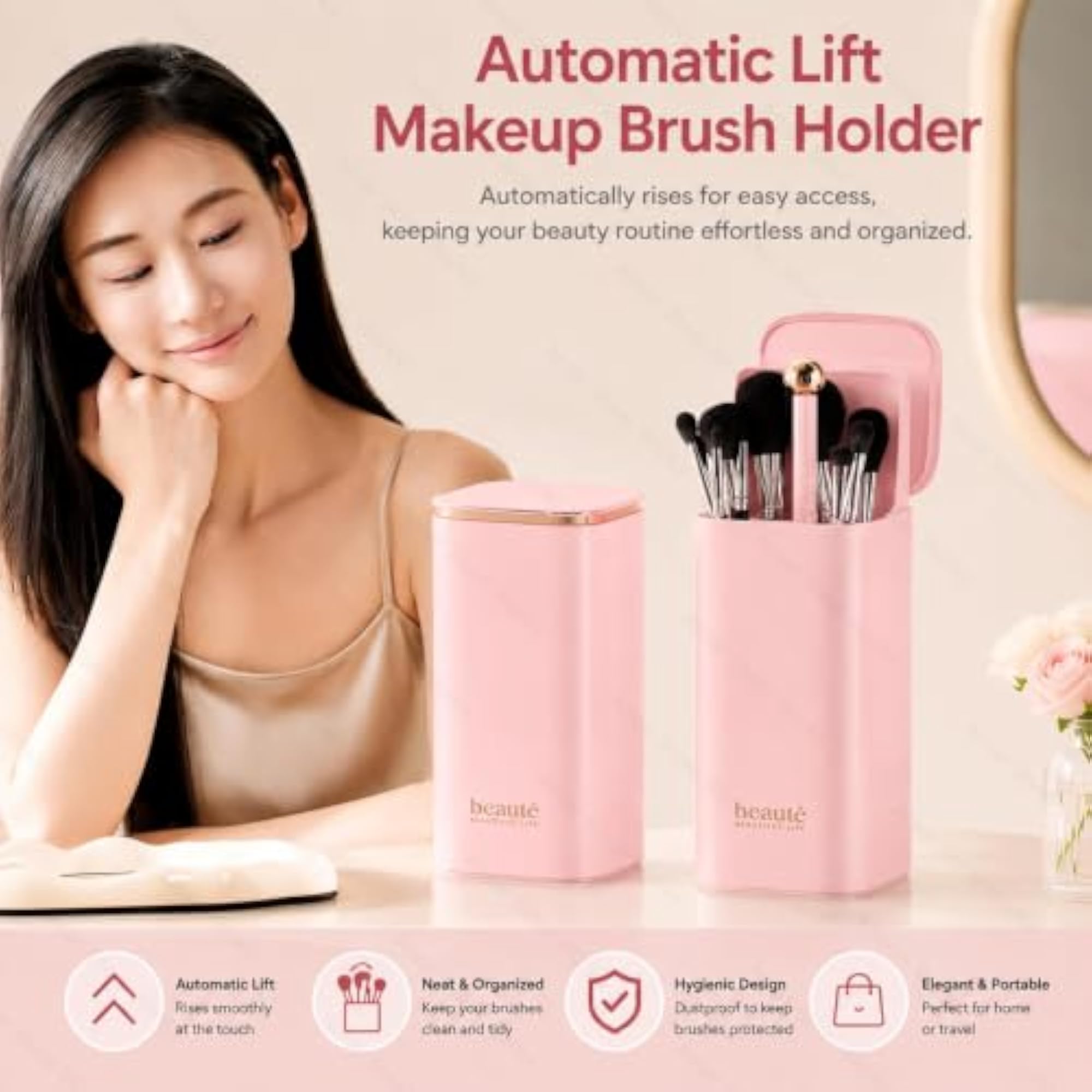 Automatic Lifting Makeup Brush Holder, 4 Compartments