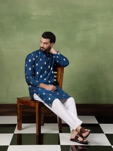 Image of SOJANYA (Since 1958 Men's Cotton Long Kurta with Golden Floral Motif Print
