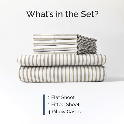 Image of Full 6 Piece Bed Sheet Set - Breathable & Cooling Sheets - Beige Stripes | Ultra-Soft Hotel Luxury Bedding Set with 8-16 Inch Deep Pockets, 1 Flat & 1 Fitted Sheet & 4 Pillowcases, Wrinkle & Fade Free