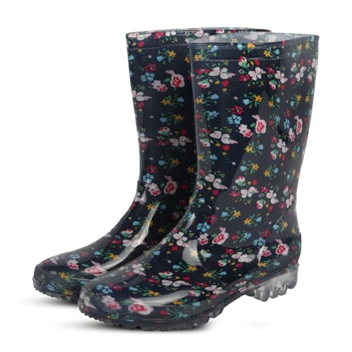 A2Z Ladies Waterproof PVC Rain Boots for Women with Printed Design Mid Calf - Wellies LDS AZ31917 Floral 7 UK