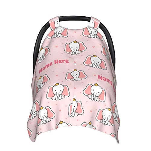 Personalized Elephant Princess Baby Car Seat Canopy for Babies with Name, Customized Stroller Car Seat Covers for Girls, Minky Nursing Carseat Cover for Breastfeeding, Car Seat Canopies for Newborn