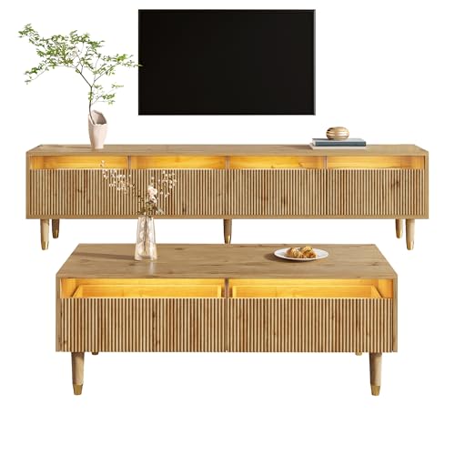 Merax Ensemble de meubles de salon LED - Meuble TV 178 x 35 x 45 cm, avec 4 portes, table basse 110 x 50 x 40 cm, avec 2 tiroirs, façade en acrylique, éclairage LED...