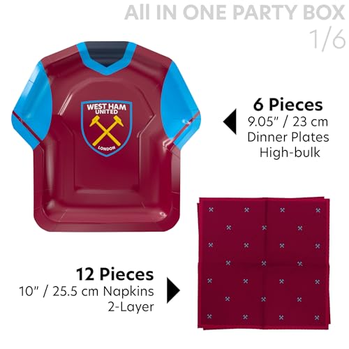 PartyDroid West Ham United Ensemble de fête officiel de 77 pièces, décorations de football, bordeaux et bleu, vaisselle en papier, pour 6 personnes, avec ballons en aluminium en forme de jersey – vue 4