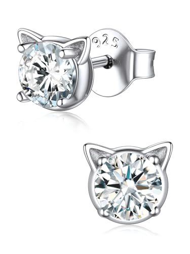 ChicSilver Cat Earrings April Birthstone Earrings Hypoallergenic Cute Diamond Stud Earrings for Women Cat Christmas Earrings