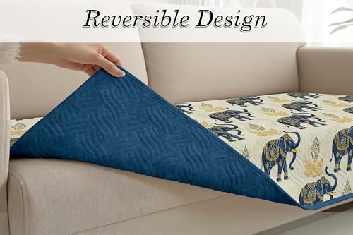Image of Cloth Fusion 300 GSM Quilted Jaipuri Theme Printed 1 Seater Sofa Cover Mat-Style Fully Covered with Armrest Pockets, Adjustable Straps & Lock Fit (60 cm Seat Run, Elephant Motif)