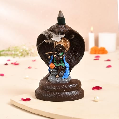 Image of Craftam Polyresin Smoke Backflow Fountain Like Waterfall Krishna Incense Holder Decorative Showpiece Gift with Free 20 Scented Cone Incenses (Naag Krishna), Multicolor