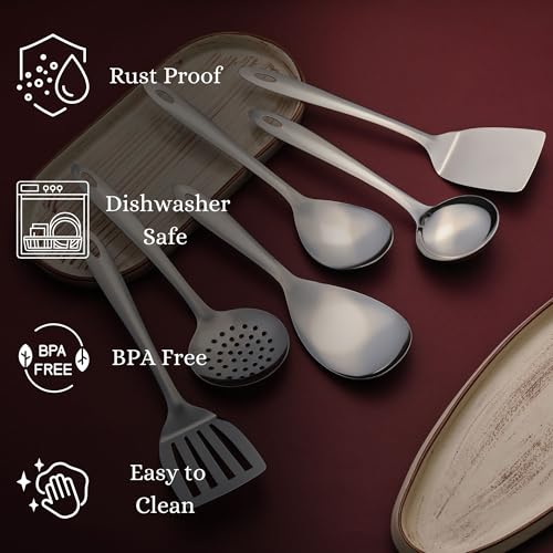 Image of Montavo by FnS 6 Pieces Stainless Steel Serving Tools Set | Rice Server, Gravy Ladle, Serving Spoon, Solid Turner, Skimmer & Slotted Turner | Kitchen Utensil Set for Home & Dining