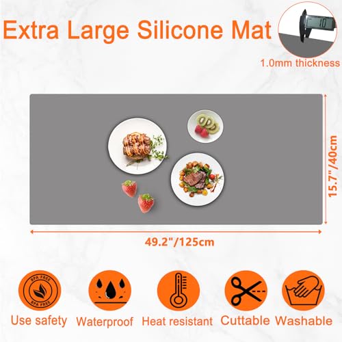 Image of 49.2''x15.7''(125cmx40cm) Extra Large Silicone Mat, Silicone Mats for Kitchen Counter, Heat Resistant Mats, Kitchen Island Countertop Protector, Waterproof Placemat, Dark Gray