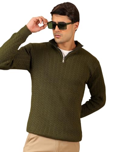 Image of Kvetoo Men's Full Sleeve High Neck Zipper Sweater| Warm Cable Knit Quarter Zip Pullover | Wool Winter Sweater for Casual & Office Wear