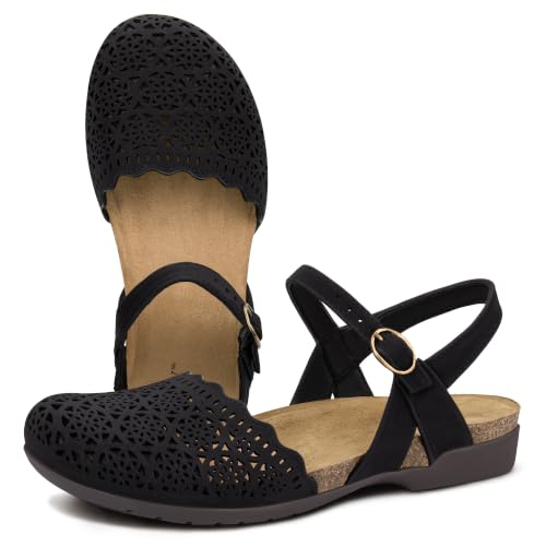Image of PARTY Closed Toe Sandals Women, Barefoot Arch Support Flat Sandals for Office Work and Travel with Comfortable Cork Footbed