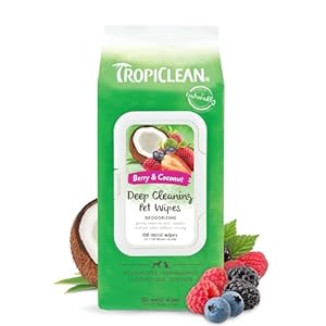 TropiClean Dog Wipes for Paws, Butt, Face, and Body, Anytime Cleaning and Deodorizing Pet Wipes, Safe for Licking, Berry Scent, Cat Safe, 100ct