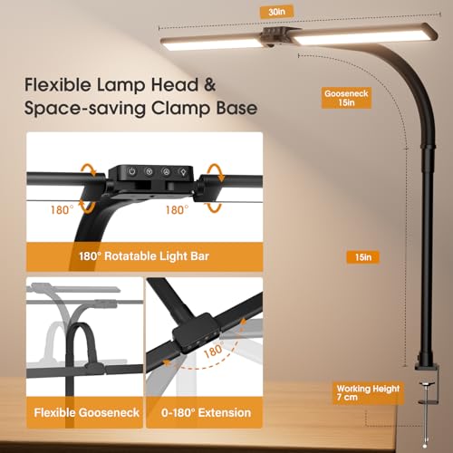 Image of SIBRILLE LED Desk Lamp for Home Office - Dimmable Computer Desk Light with Clamp, Modern Architect Task Lamp with Color Changing, Flexible Desktop Lamp with Gooseneck for Monitor, Double Head, Black