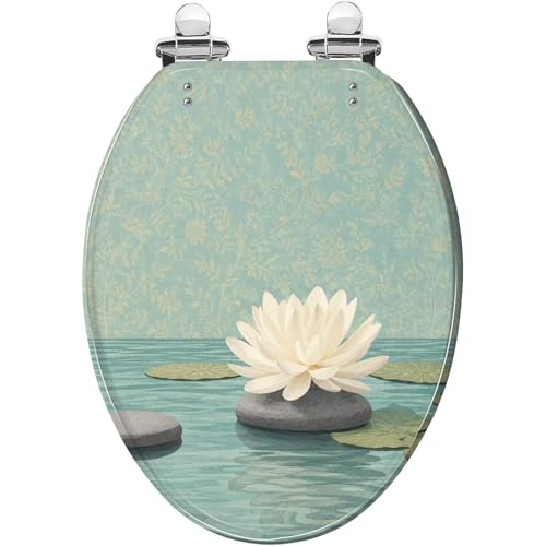 Round Vintage Zen-Spa White-Lotus Teal-Water Resin Toilet Seat(Pattern1 V)