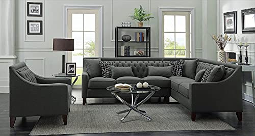 The Cozy Couch - Beetle Solid Sal Wood 7 Seater Living Room Set of 3 Pieces, Tufted Backrest for Living Room/Apartment, Upholstery -Premium Fabric, Color -Grey, Orientation LHS.