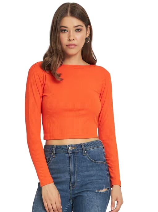 SIYARA Women Solid Long Sleeve Boat Neck Fitted Ribbed Crop Top for Women-image-34