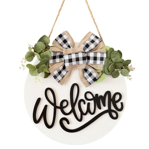 Welcome Sign for Front Door, Decor for Farmhouse Porch, Rustic Welcome Wreaths with Hanging Beads and Round Wooden Hanging Housewarming Gift for Home Outdoor Indoor (White)