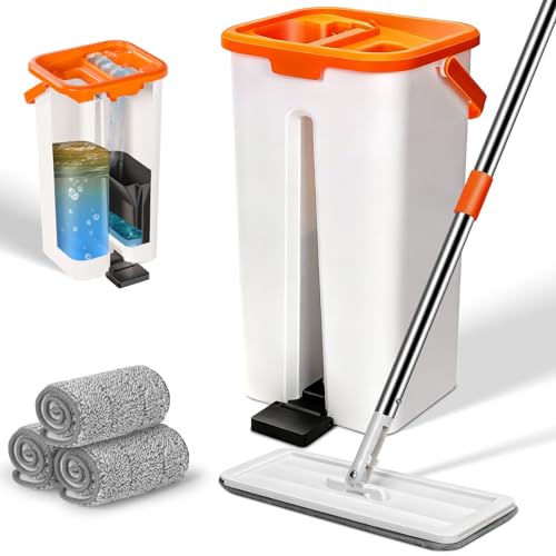 MASTERTOP Balai Microfibre et Seau Essoreur Mop Plat Rotatif et Seau Auto-Essorage Petit&Léger avec Mains Libres Vadrouille pour Nettoyage de Sol Humide & Sec avec 3 Serpillères (Orange)