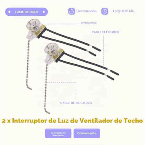 Miniatura 5 de Viopder Interruptor De Luz De Ventilador De Techo Ze-109 Interruptor De Luz De Dos Cables Con Cables De Tracción Para Lámparas De Ventiladores De Techo 2 Piezas De Plata