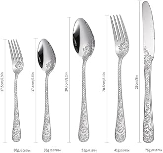Floral Silverware Set 6 Silvery Flatware Stainless Steel with Delicate Engraved Rose Flower Embossed Design Complete 30 Piece Cutlery for Restaurant Utensils Home Kitchen Daily Use