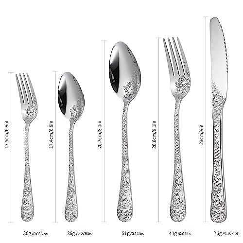 Floral Silverware Set 6 Silvery Flatware Stainless Steel with Delicate Engraved Rose Flower Embossed Design Complete 30 Piece Cutlery for Restaurant Utensils Home Kitchen Daily Use