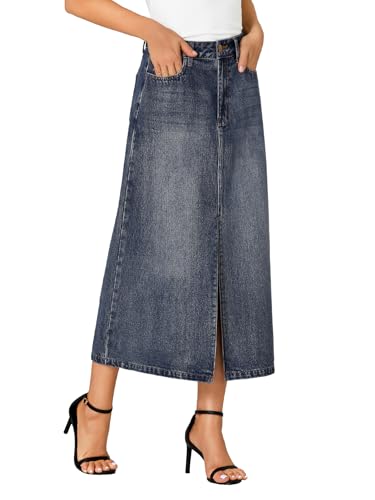 Rooscier Women's High Waisted Jean Skirt Casual Split Denim Midi Skirt with Pockets4