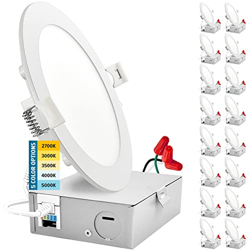 Sunperian 16-Pack 6 Inch Ultra-Thin Led Recessed Lighting With Junction Box, 5 Color Options 2700K/3000K/3500K/4000K/5000K, 12W, 1000 Lumens, Dimmable Wafer Lights, Wet Rated, Ic Rated, Etl Listed #TOP20