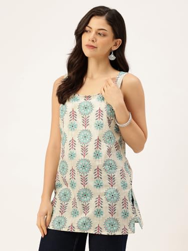 Image of feranoid Women's Printed Sleeveless Short Kurti with Stylish Neck, Backless Design & Side Slits (XS-XL)