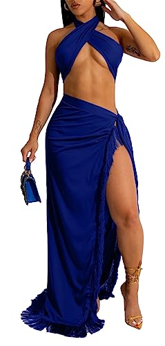 Image of Womens Sexy 2 Pieces Tassel Crisscross Bandage Crop Tops Bodycon Split Skirts Party Clubwear Dress Outfits Set