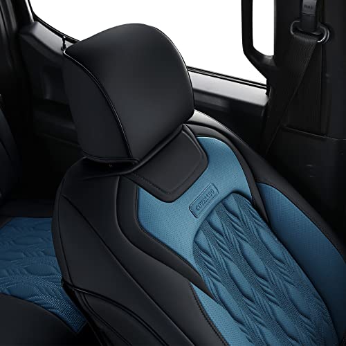 Coverado Tundra Car Seat Covers Full Set, 5Pcs Front And Rear Leather Seat Cover For Truck Custom Seat Protector Truck Pickup Compatible With 2007-2021 Toyota Tundra Crewmax/Double Cab(Black&Blue) #TOP4