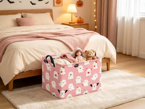 Image of Halloween Basket Cute Baskets for Kids Pumpkin Basket Rectangular Storage Bin Organizer Box Room Decor(Pink Ghosts)
