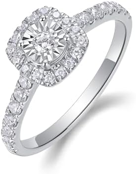 Sterling Silver Halo Lab Grown Diamond Engagement Ring, Pave Band