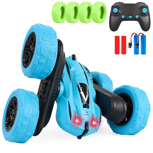 Deeak Remote Control Stunt Car – 4WD Off-Road Crawler Toy with Lights, 360° Flips, Double-Sided Racing RC Car Vehicle for Boys & Girls Ages 4-8, Indoor/Outdoor Trick Car (Blue)