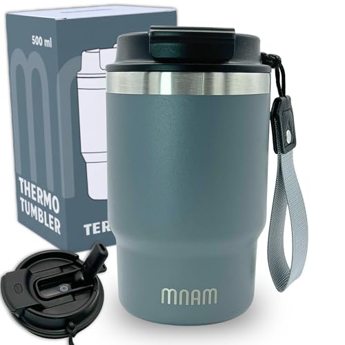 mnam - Taza Termo Cafe para Llevar - Taza Termica Acero Inoxidable con Asa - Vaso Termico Reutilizable para Bebidas con Pajita - Termo Pequeño Cafe - Travel Mug Coffee Cup (500 ML)