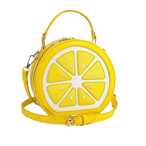 dalerno Y2K Umhängetasche Damen Zitrone – Runde Crossbody Bag im Obst-Design aus Veganes-Leder, Auffällige Handtasche Gelb, Sommer Streetstyle Tasche mit verstellbarem Riemen