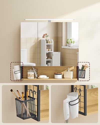 VASAGLE Armario de Baño con Iluminación LED, 14,5 x 70 x 70 cm, Espejo 3 Puertas, Mueble de Pared con Espejo, Enchufe, Cesta, Soporte para Secador, Roble Natural BBK124Y01 - imagen 6