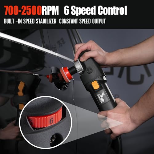 AUTIWOZ Mini Poliermaschine, 600W Polierer mit 6 Variable Geschwindigkeiten 700-2500 RPM, Abnehmbarer Seitengriff, für Auto Detailing Polieren, 25mm,50mm,75mm Gewinde Verlängerungswelle