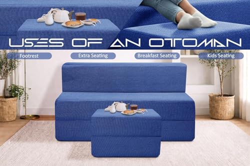 Image of Rosebell Foldable Sofa-Cum-Bed with Ottoman | 3-in-One Foldable Sofa, Lounger & Bed-4x6 Feet Two Seater- Perfect for Home & Office -Blue-Color