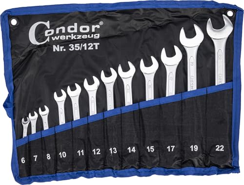 CONDOR Werkzeug 35-12T | Gabel-Ringschlüssel-Satz | 12-tlg. | Chrom-Vanadium-Stahl verchromt | 6-22 mm | Maulschlüssel Satz Ratschenschlüssel Set Profi Werkzeug für Werkstatt und Heimwerker