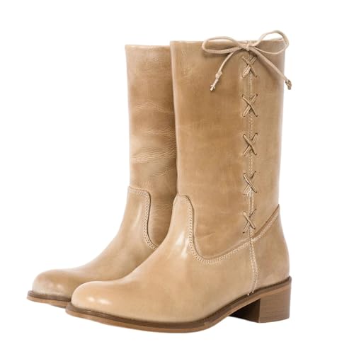 Mid Calf Boots for Women Wide Lace up Chunky Blcok Low Heel Booties Comfortable Round Toe Retro Fall Winter Boot