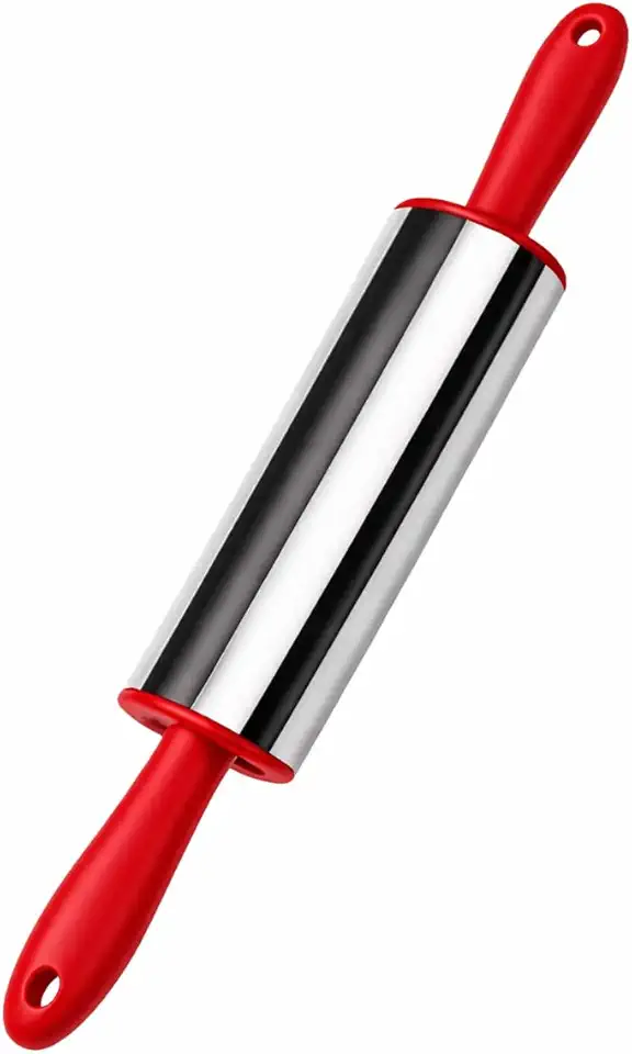 Rolo de Massa em Aço Inoxidável 35cm Para Todos os Tipos de Massa Elegante Eficiente Resistente e Durável Antiaderente e Ergonômico Premium (Vermelho)