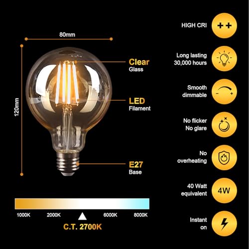 Vintage Edison LED Light Bulbs, Dimmable Screw Edison Bulbs Incandescent Light Bulb Globe Bulbs Retro Filament Lamp 2700K Warm Light 4W (Equivalent to 40W) G80 E27 220V-4 Pack - Image 3