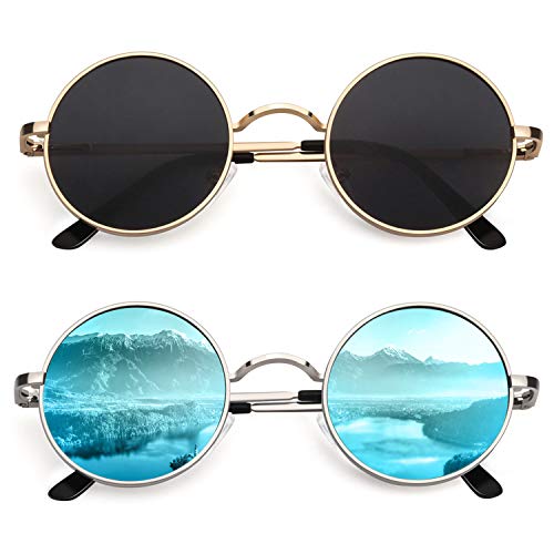 CGID E01 Small Retro Vintage Style John Lennon Inspired Circular Circle Metal Rimmed Round Polarized Sunglasses Goggles Shades for Women and Men 2 Packs
