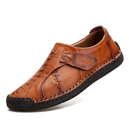 Men's Drving Loafer Shoes Genuine Leather Casual Hand Sewing Lined Flat Slip On Round Toe(RED Brown,10 M US)